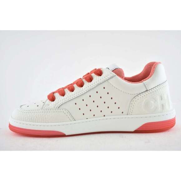 Chanel 22P White Leather Red CC Logo Flat Lace Up Tie Runner Trainer Sneaker 38 - Picture 8 of 12